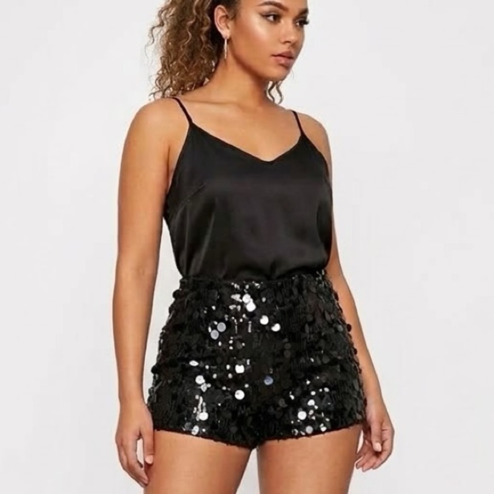 Romwe Black Sequin Shorts High Waisted Sparkly Party Shorts Plus 2XL Run Small